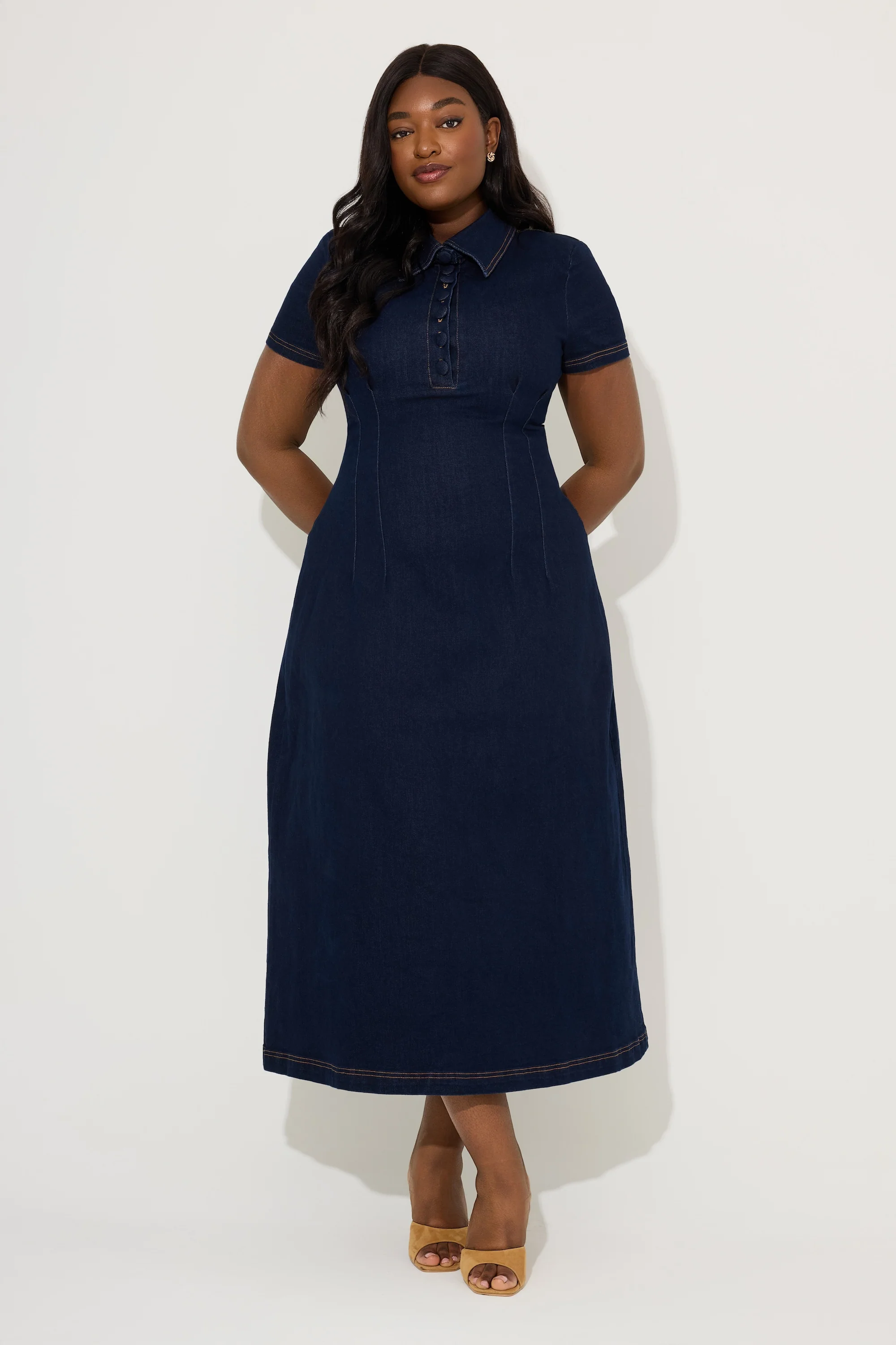 Cotton Mix Denim Collared Midi Dress - Image 5