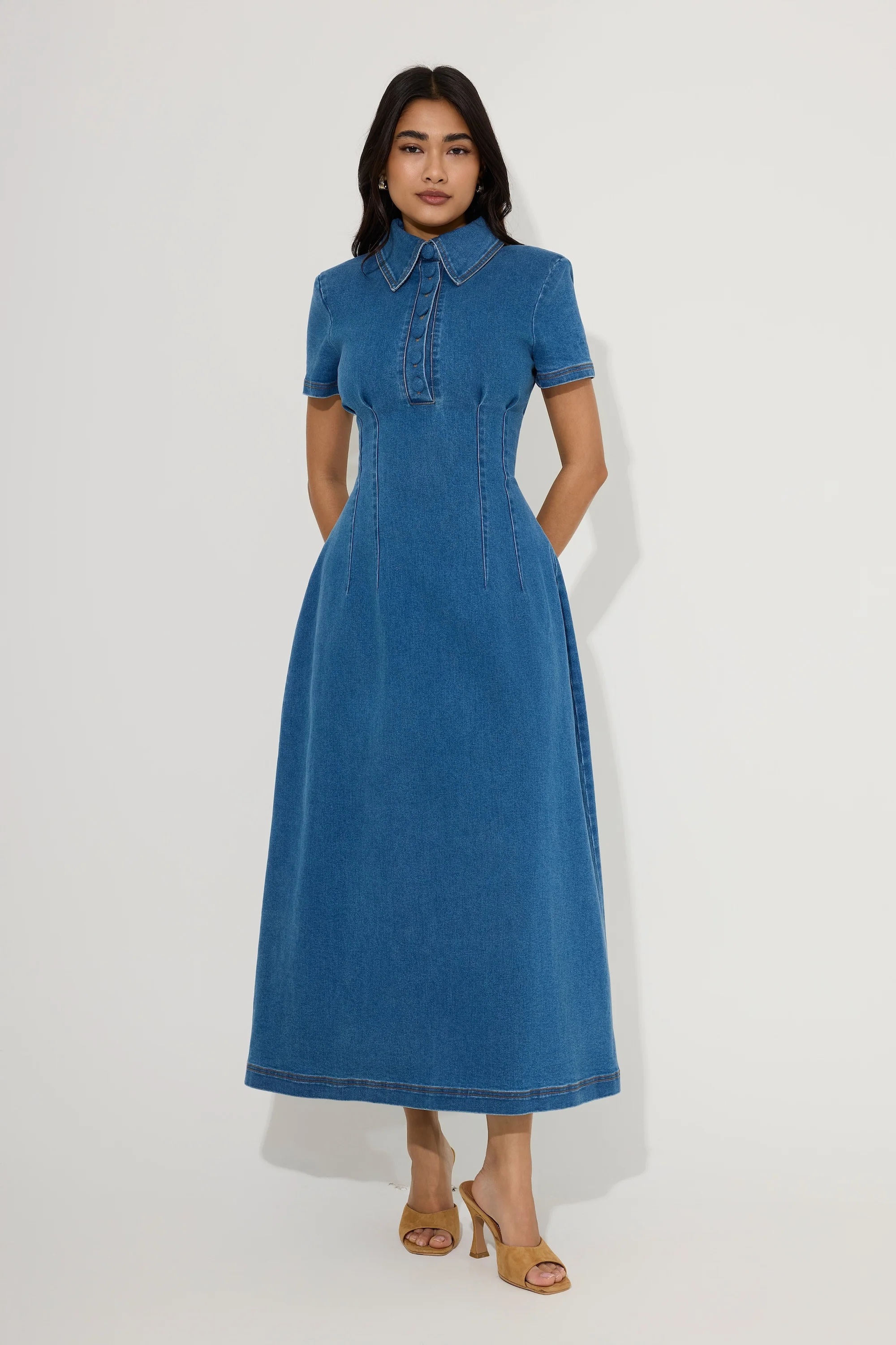 Cotton Mix Denim Collared Midi Dress - Image 3