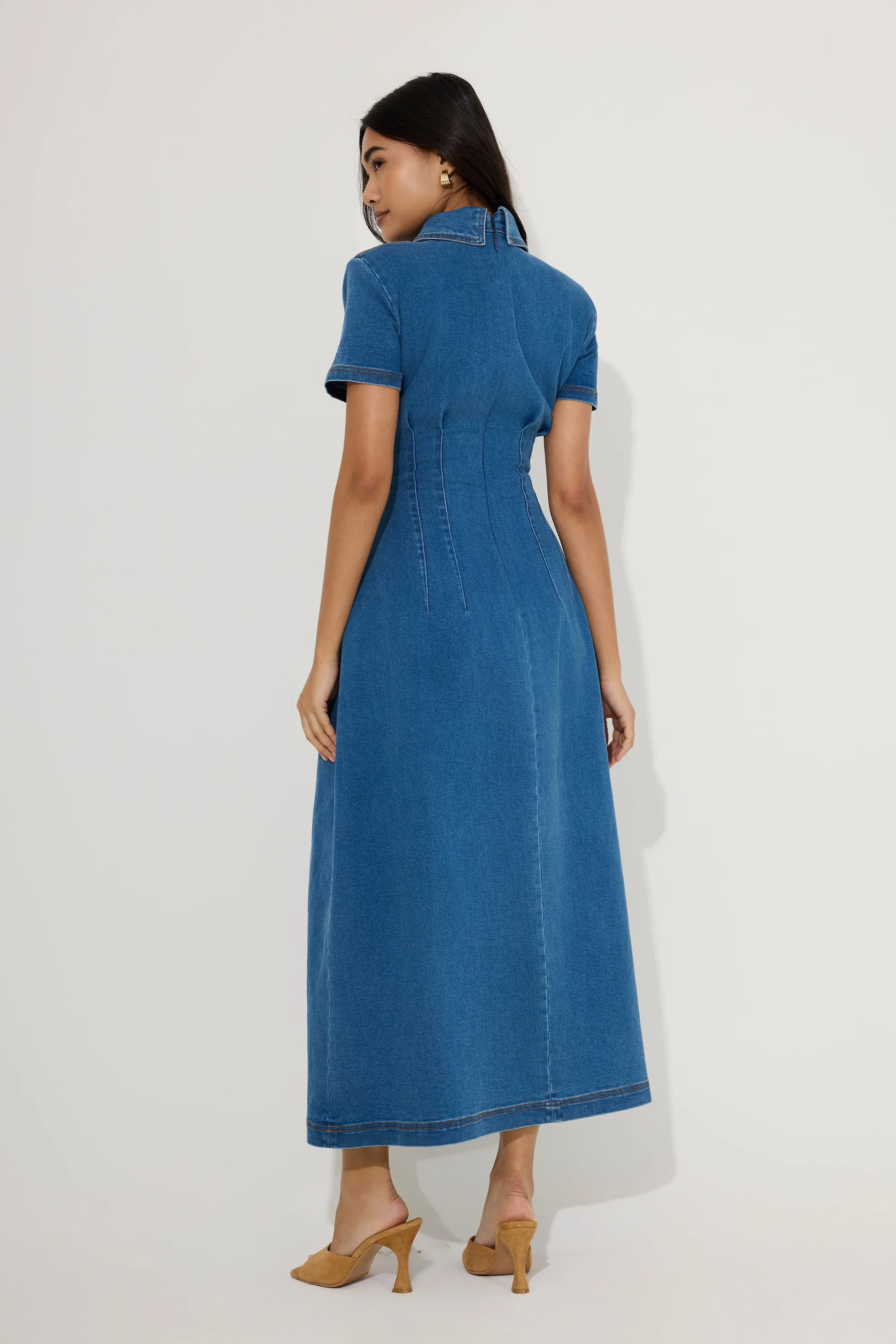 Cotton Mix Denim Collared Midi Dress - Image 4