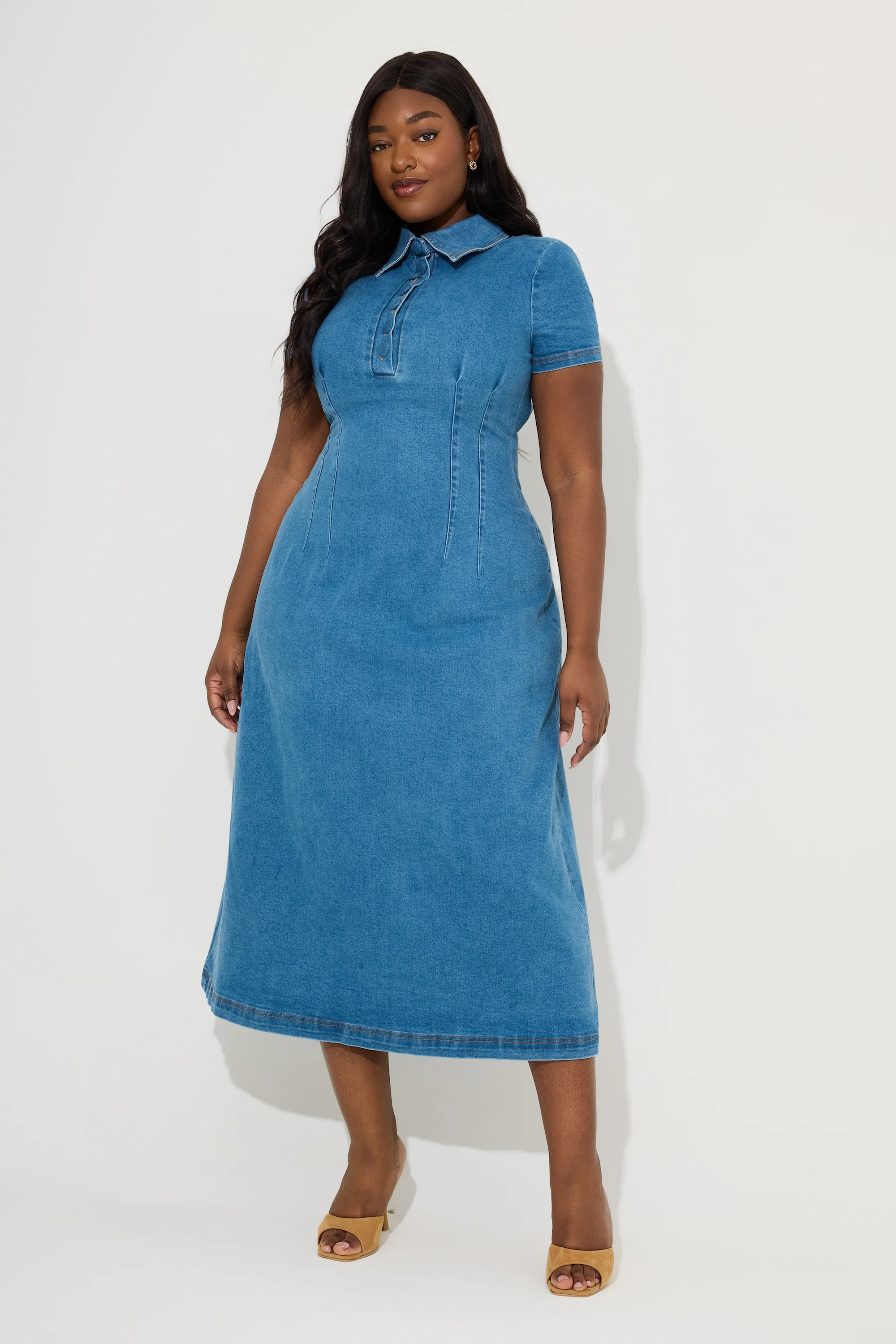Cotton Mix Denim Collared Midi Dress - Image 5