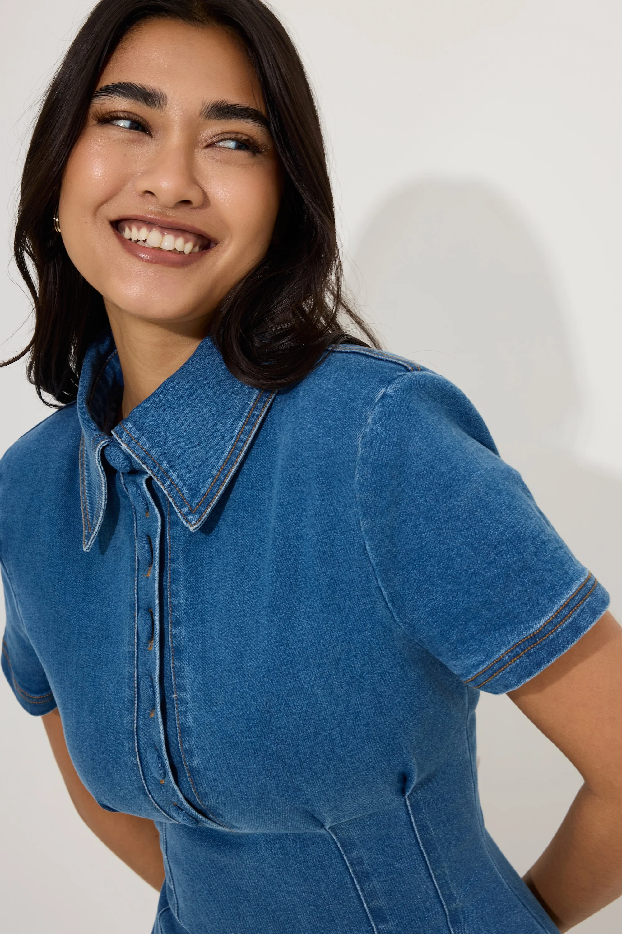 Cotton Mix Denim Collared Mini Dress - Image 3