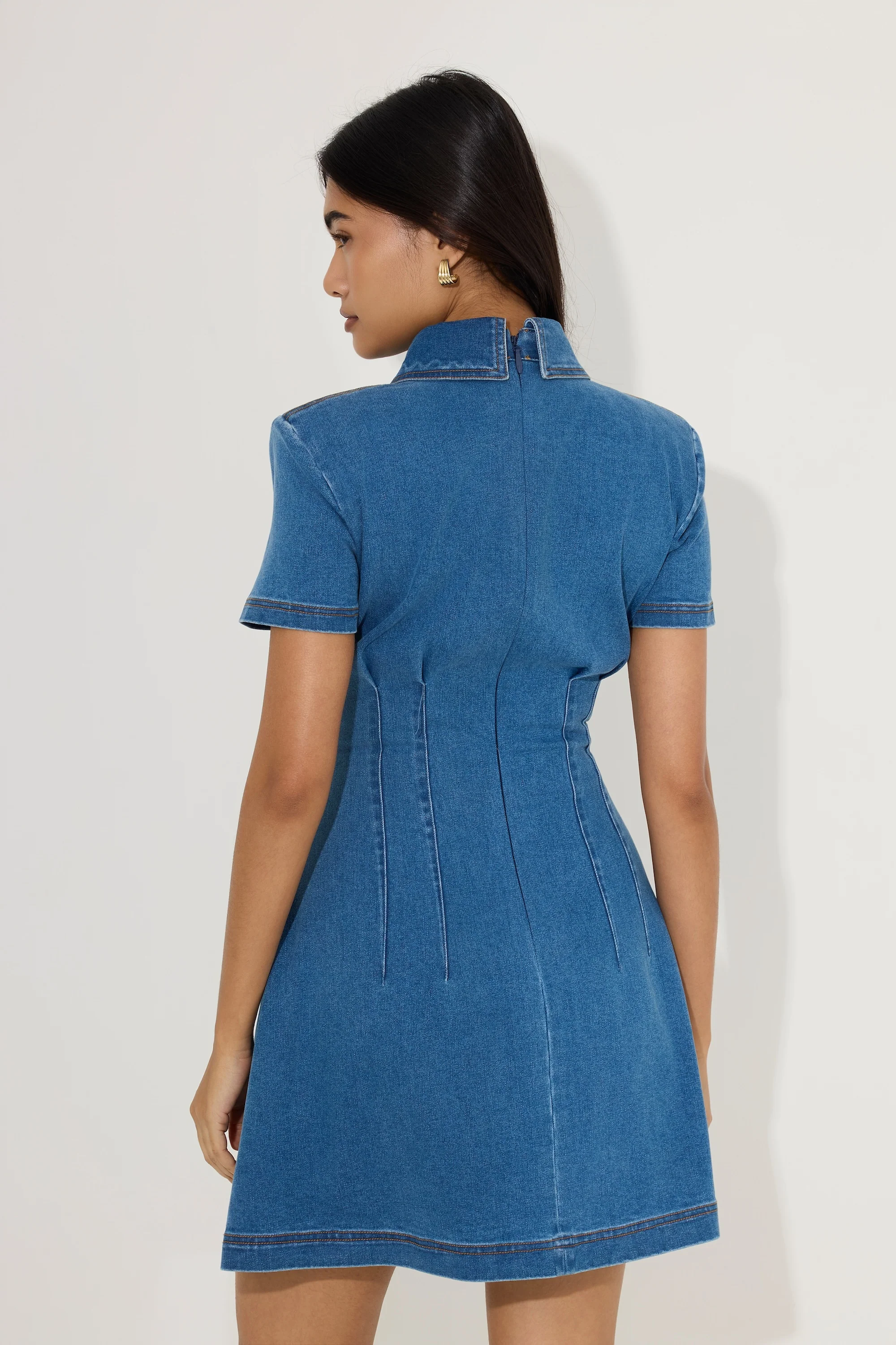 Cotton Mix Denim Collared Mini Dress - Image 4