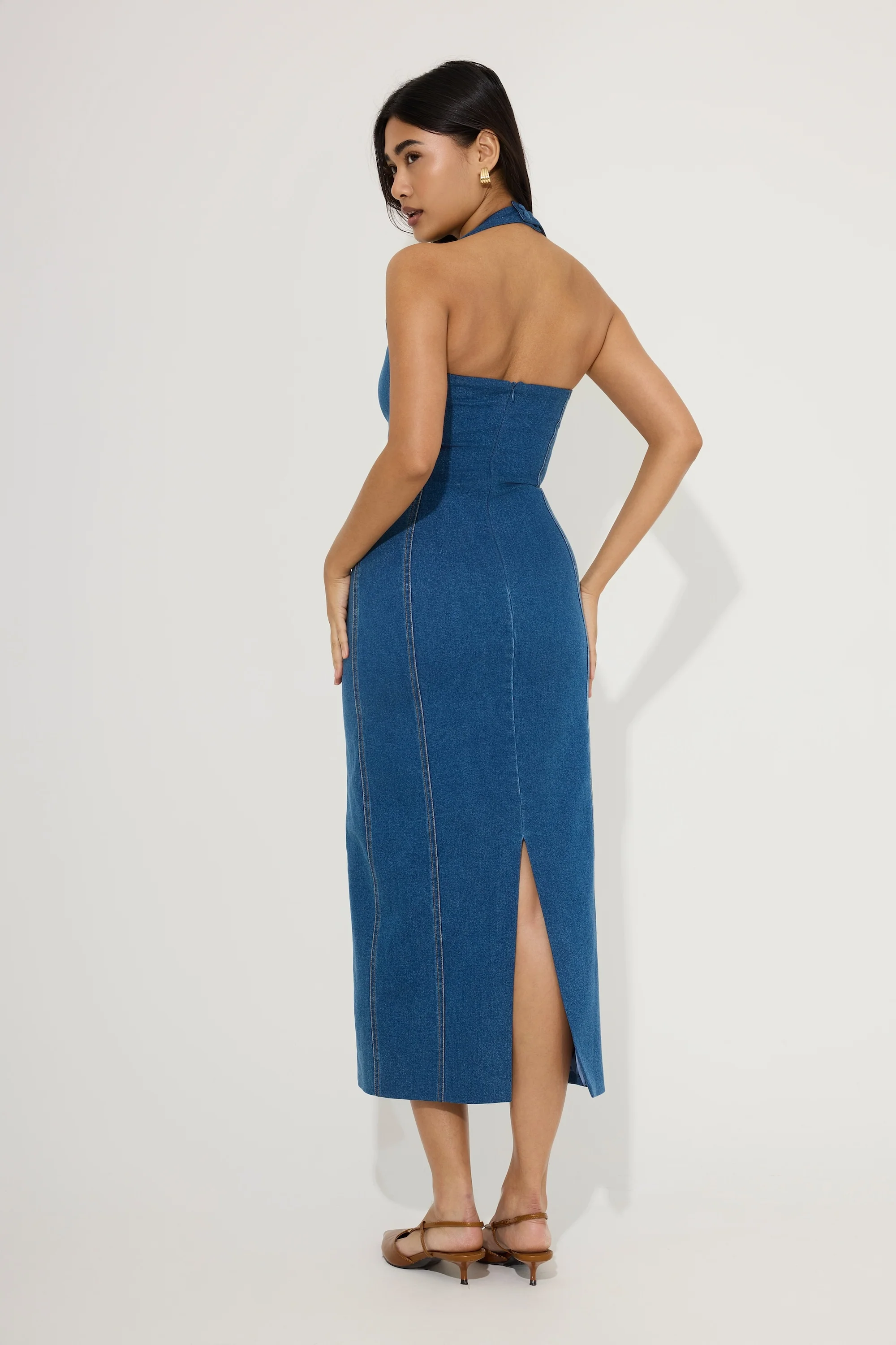 Cotton Mix Denim Halter Midi Dress - Image 4