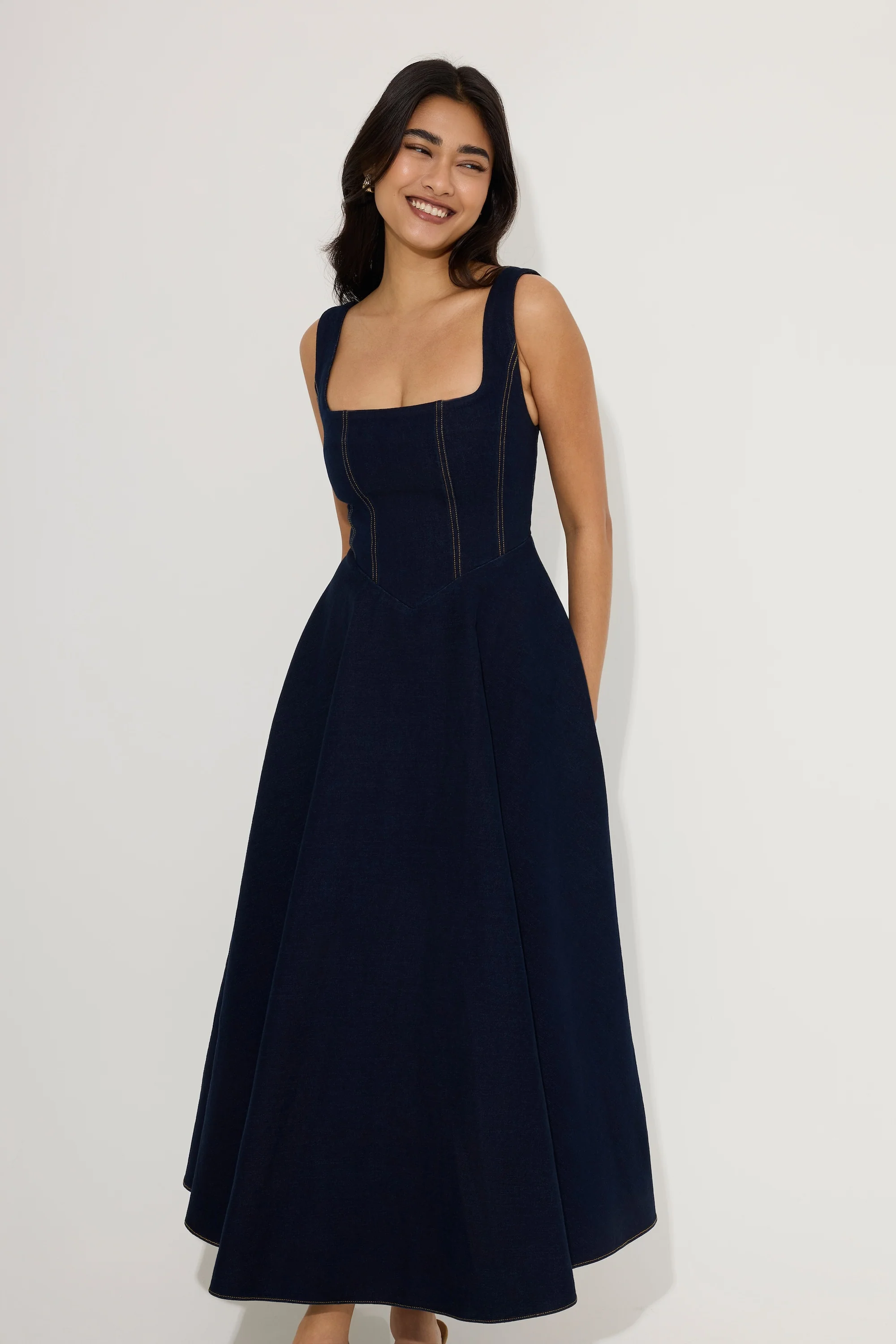 Cotton Mix Denim Square Neck Midi Dress - Image 3