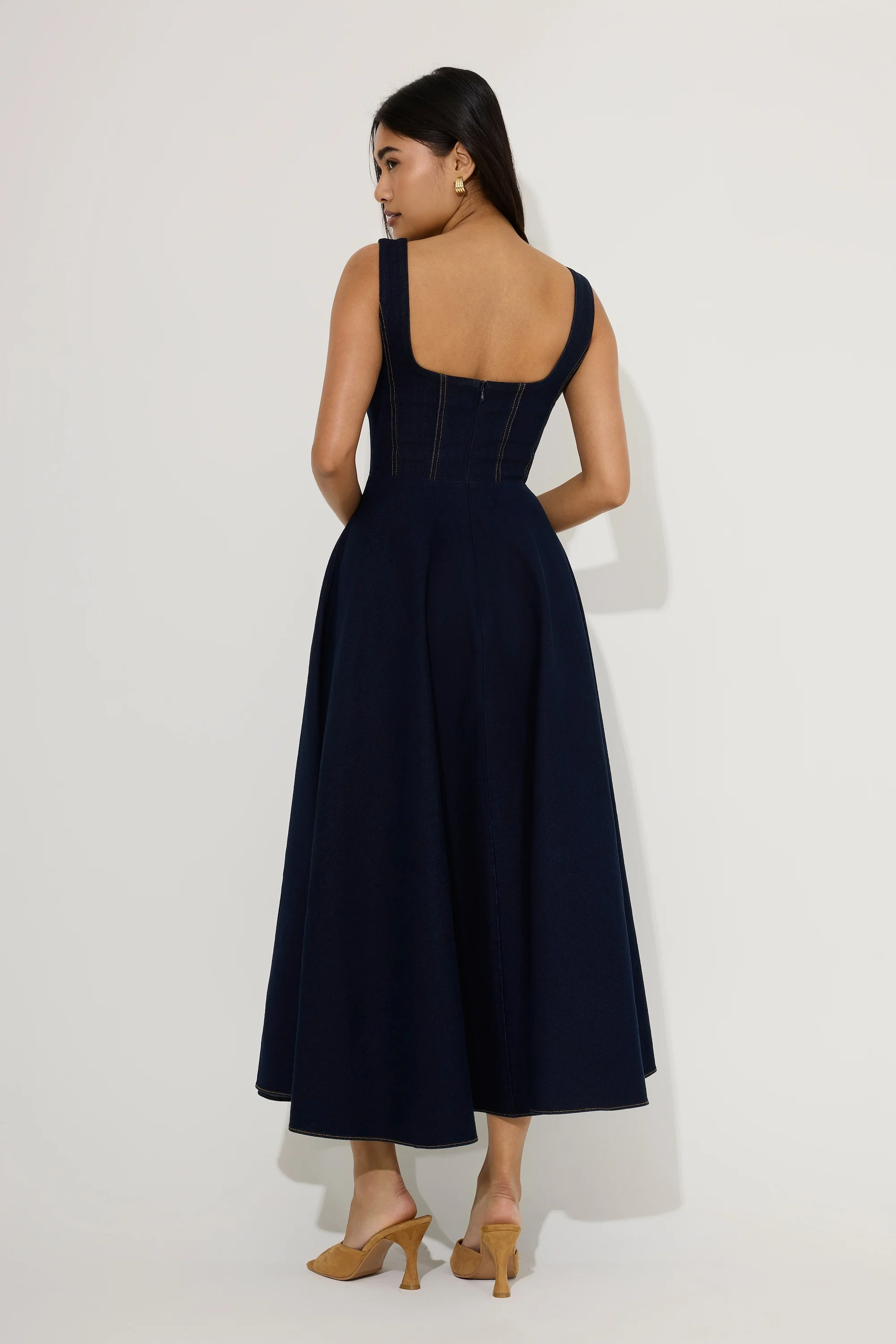 Cotton Mix Denim Square Neck Midi Dress - Image 4