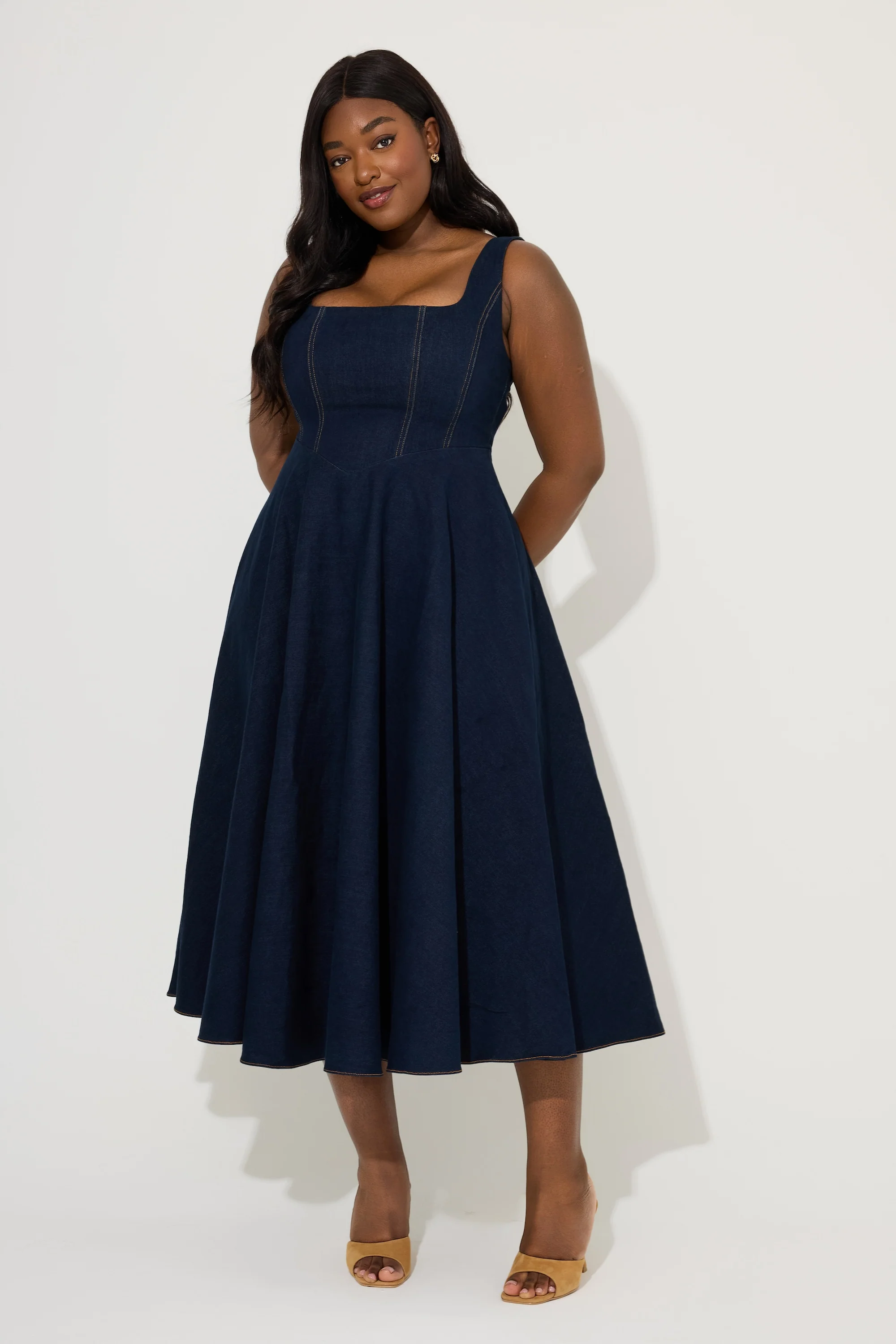 Cotton Mix Denim Square Neck Midi Dress - Image 5