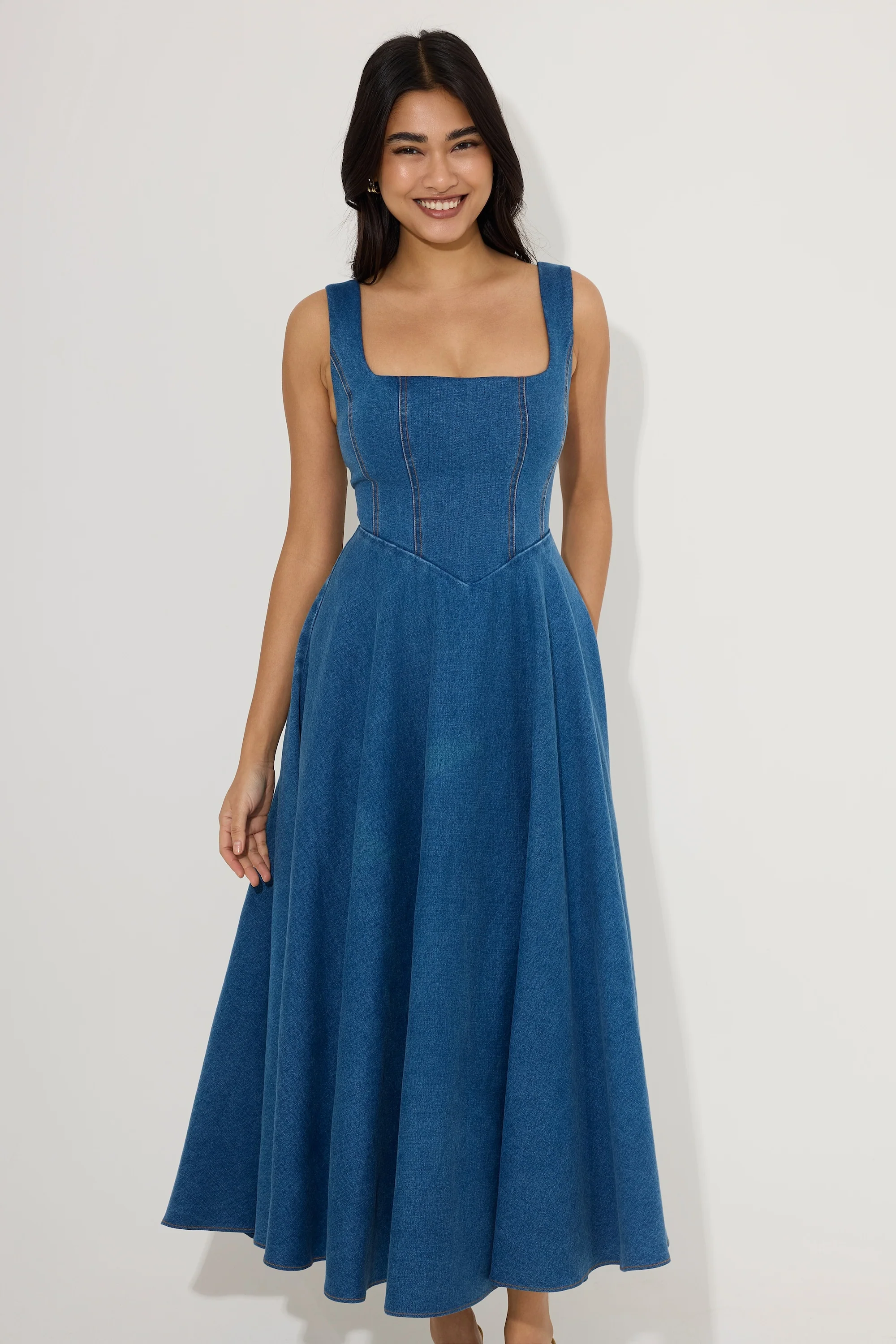Cotton Mix Denim Square Neck Midi Dress - Image 3