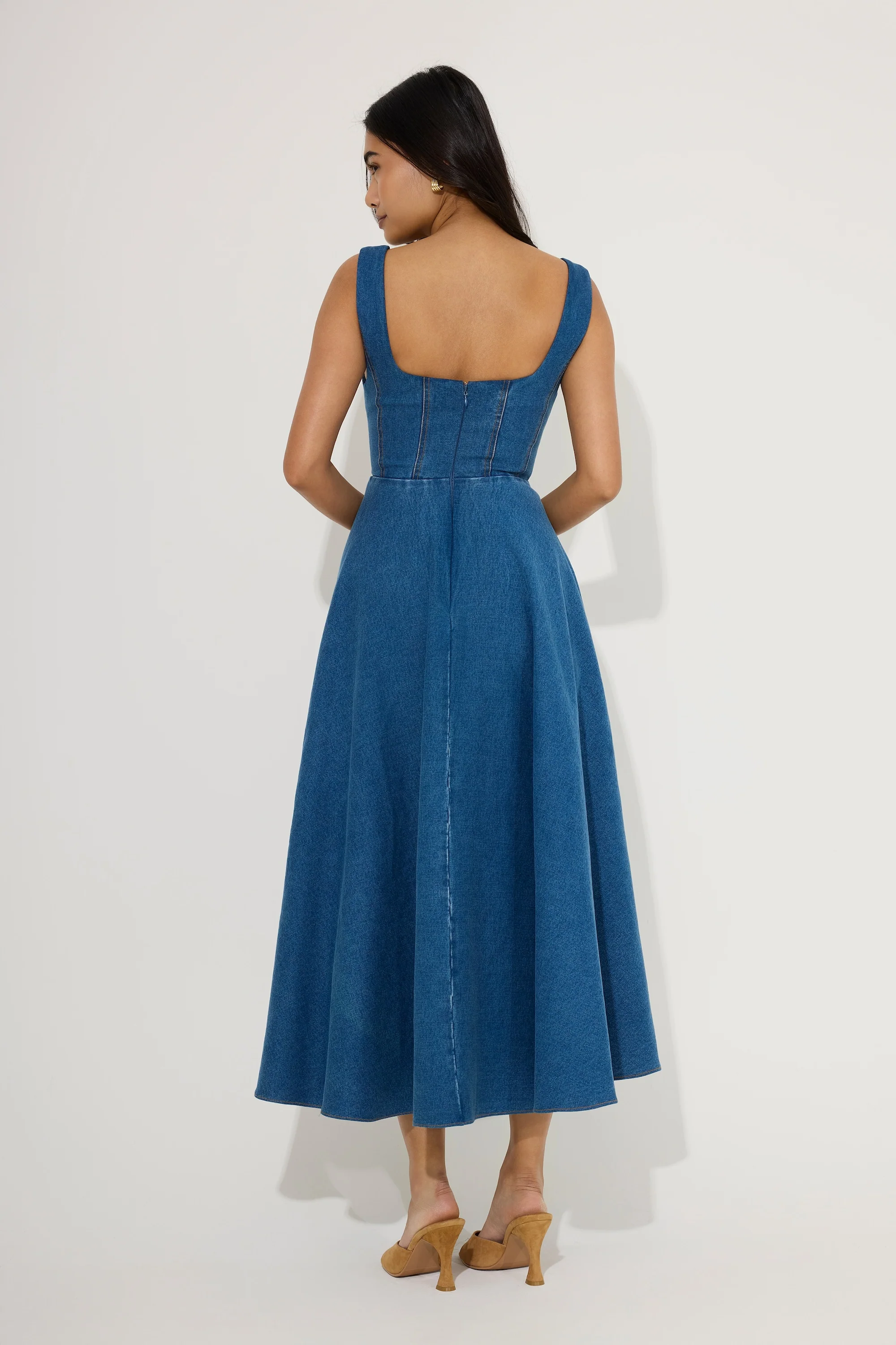 Cotton Mix Denim Square Neck Midi Dress - Image 4