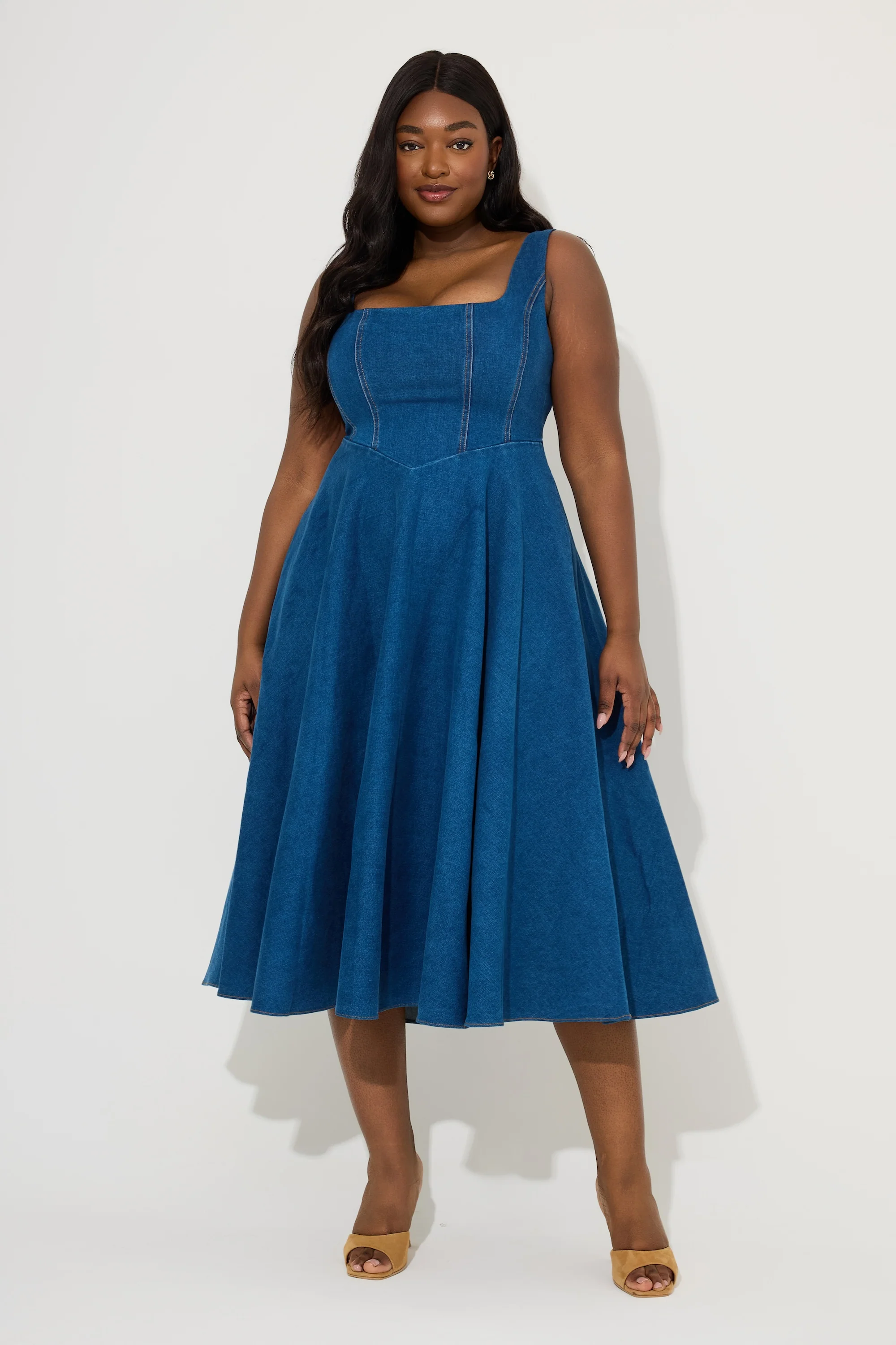Cotton Mix Denim Square Neck Midi Dress - Image 5