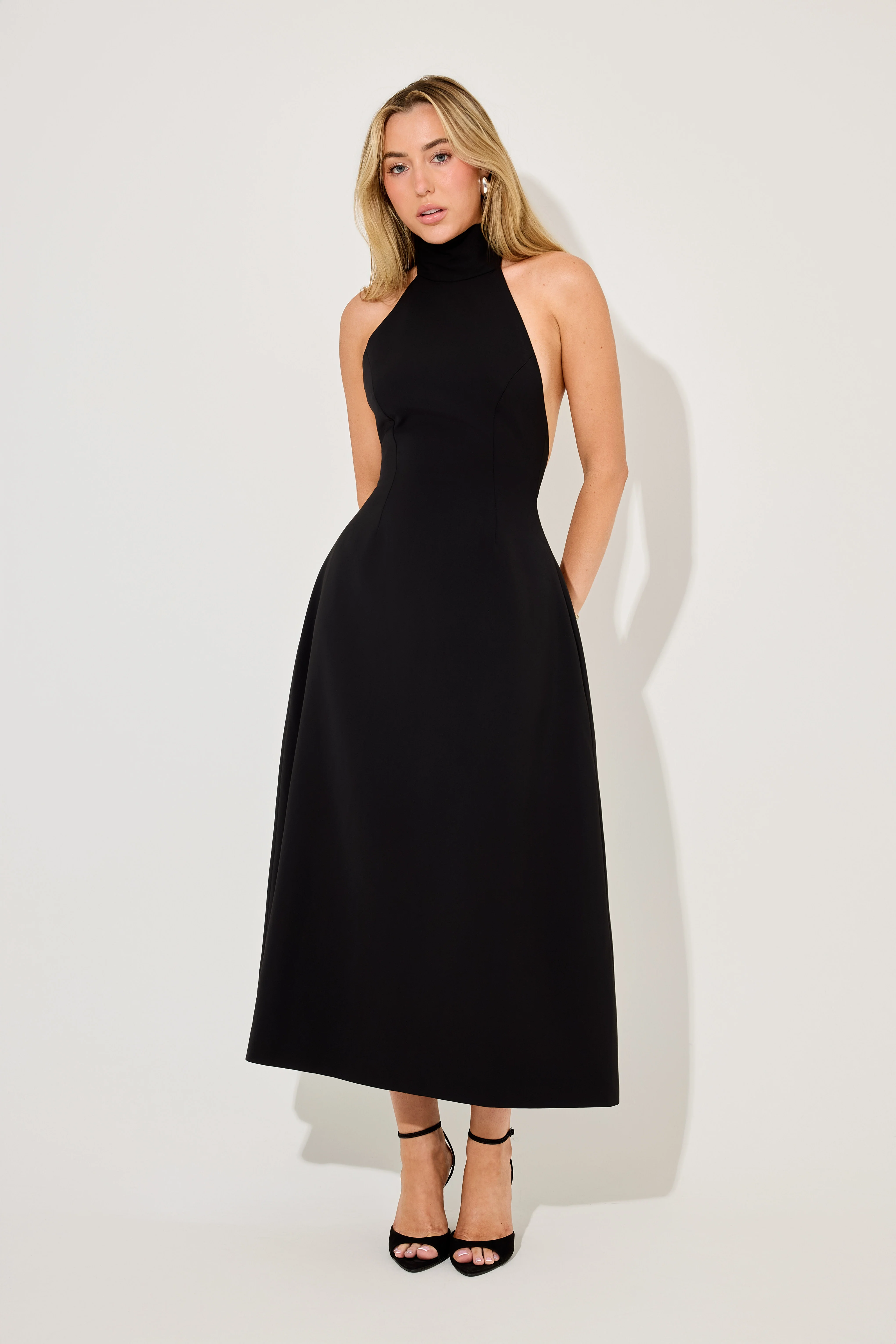 Tie Neck Volume Skirt Midi Dress